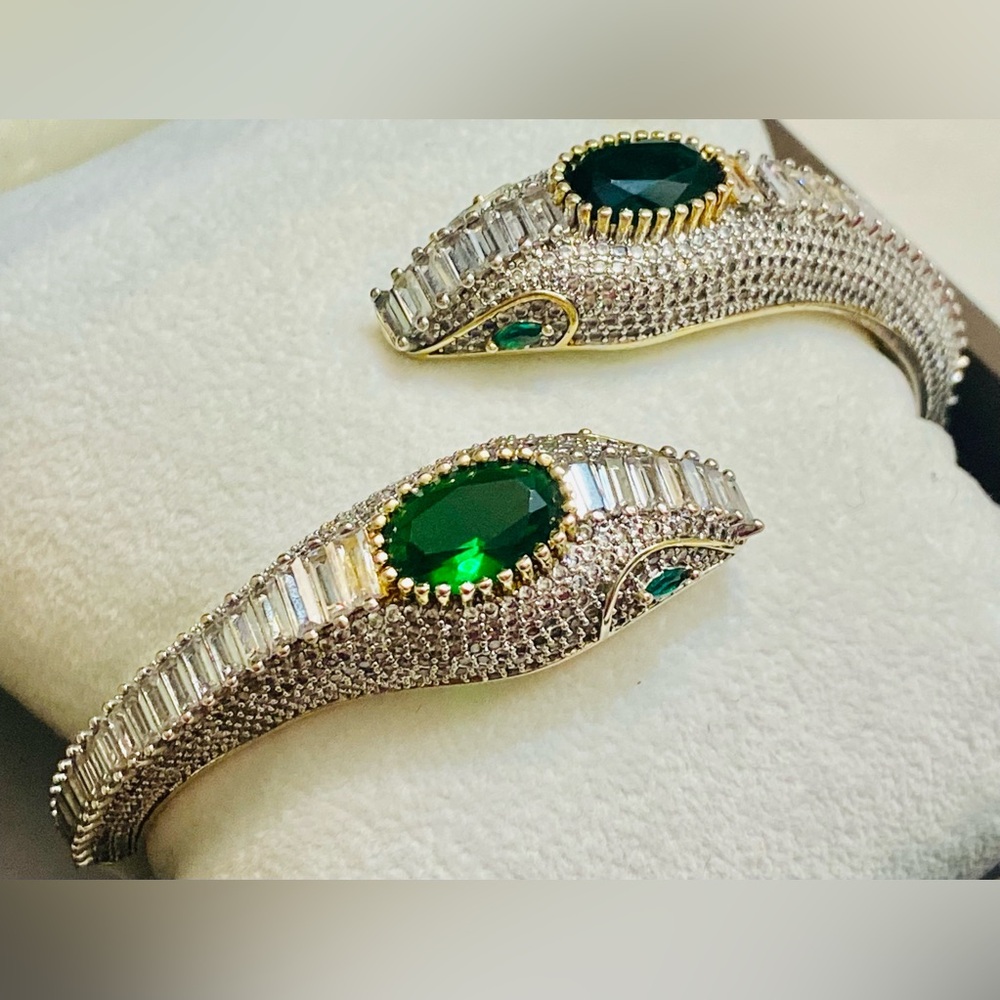 Rare Custom Faux Emerald and simulated diamonds in Silver Snake Bangle